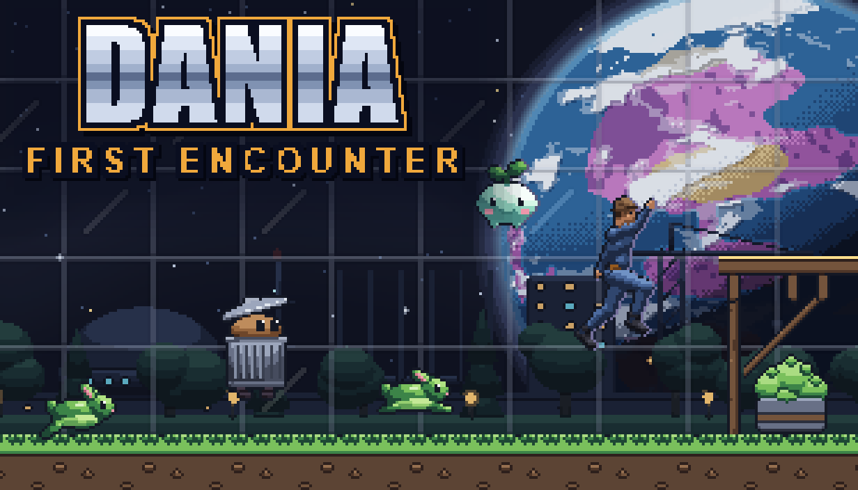 Key art: a cadet leaps for a timber deck in the park under the ship's dome, a small green companion behind them, three creatures after them on the lawn, the purple planet Dania beyond the glass.