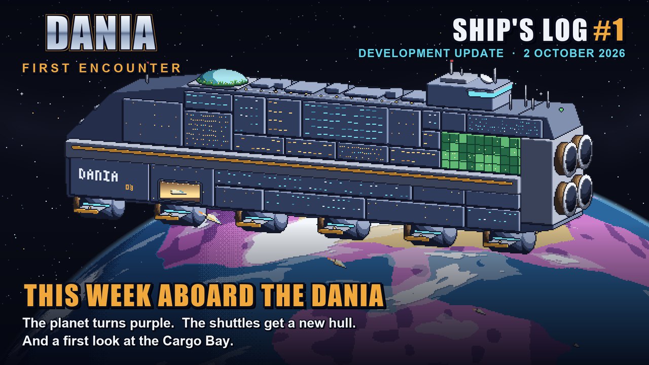 Pixel art of the Mothership Dania, a long colony ship built of modules, in orbit above a planet with purple continents; small shuttles head down to the surface.