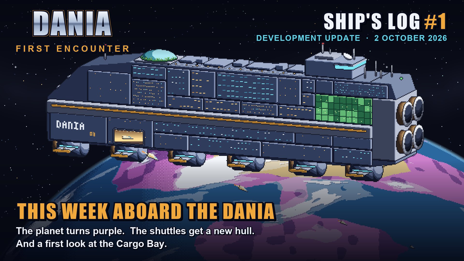 Pixel art of the Mothership Dania, a long colony ship built of modules, in orbit above a planet with purple continents; small shuttles head down to the surface.