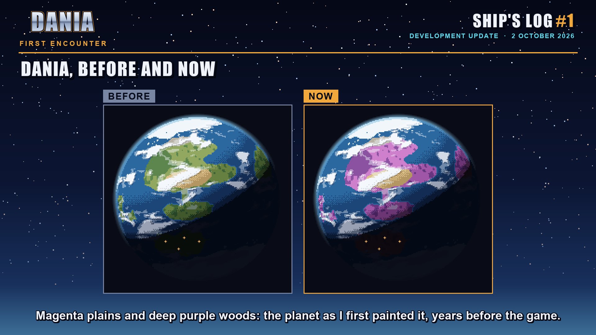 Two pixel-art globes side by side: the planet Dania with green land (before) and with purple and magenta land (now).