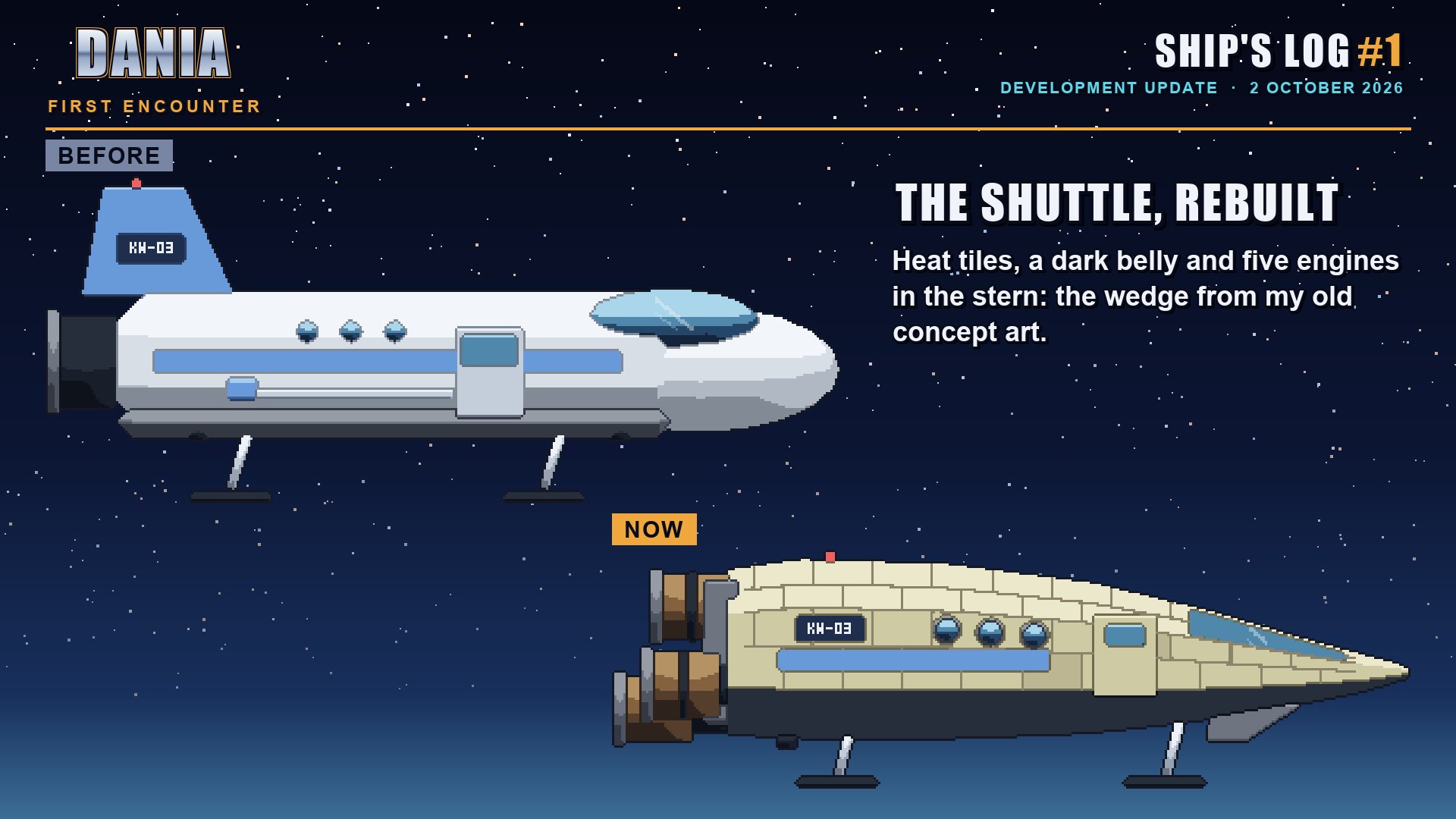 Two pixel-art shuttles: the old one, a white capsule with a blue tail fin, and the new one, a cream wedge covered in heat tiles with engines at its stern.