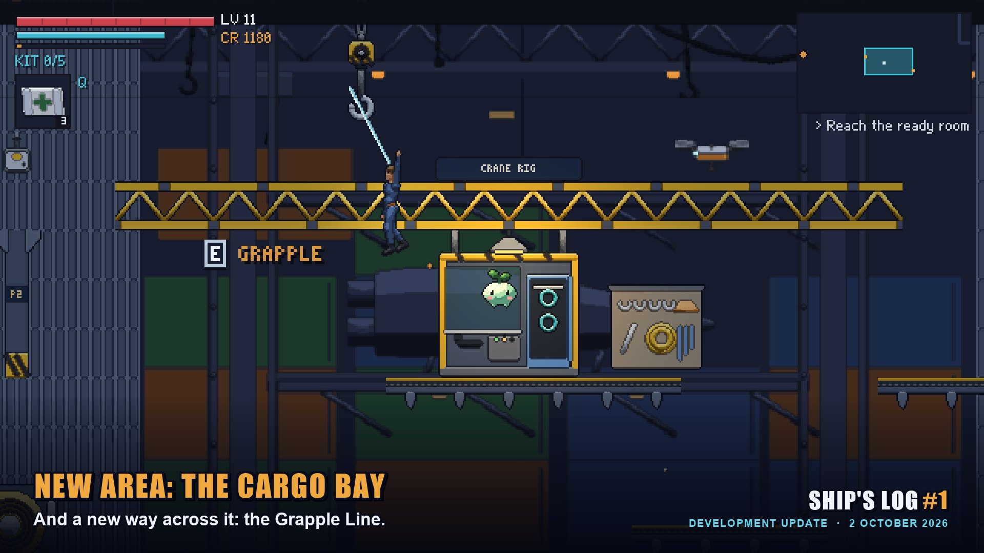 A screenshot from the game: the cadet swings on a grapple line under a yellow crane girder in the ship's Cargo Bay.
