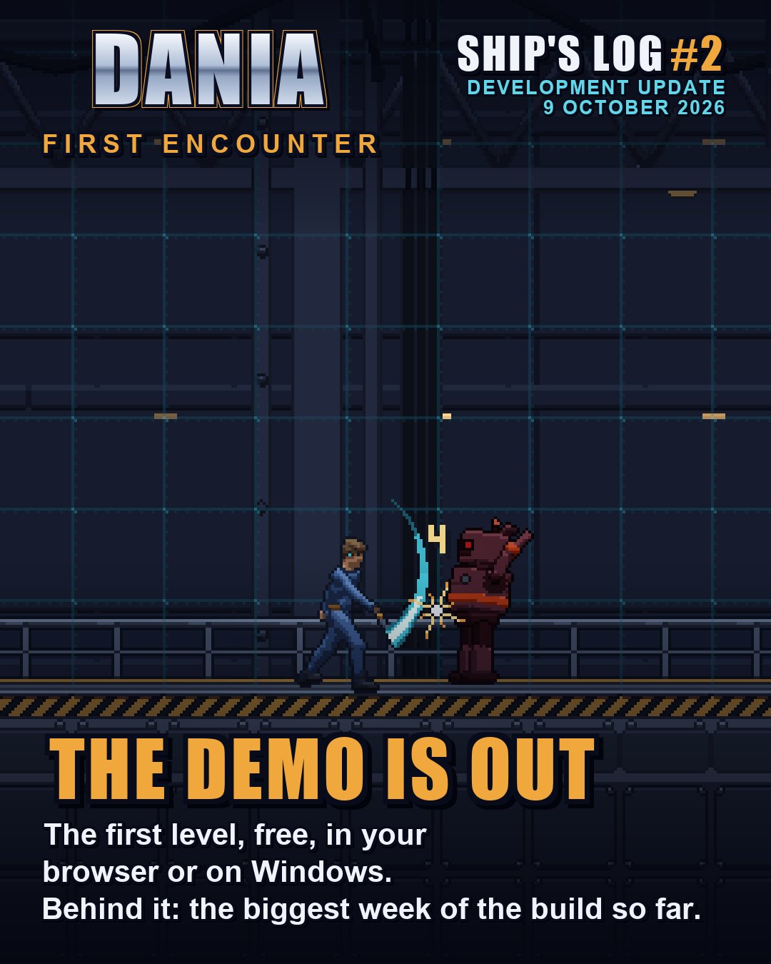 A pixel-art screenshot: a cadet in a blue uniform swings a glowing baton at a red training robot on a catwalk aboard a spaceship. Text: "The demo is out. The first level, free, in your browser or on Windows. Behind it: the biggest week of the build so far."