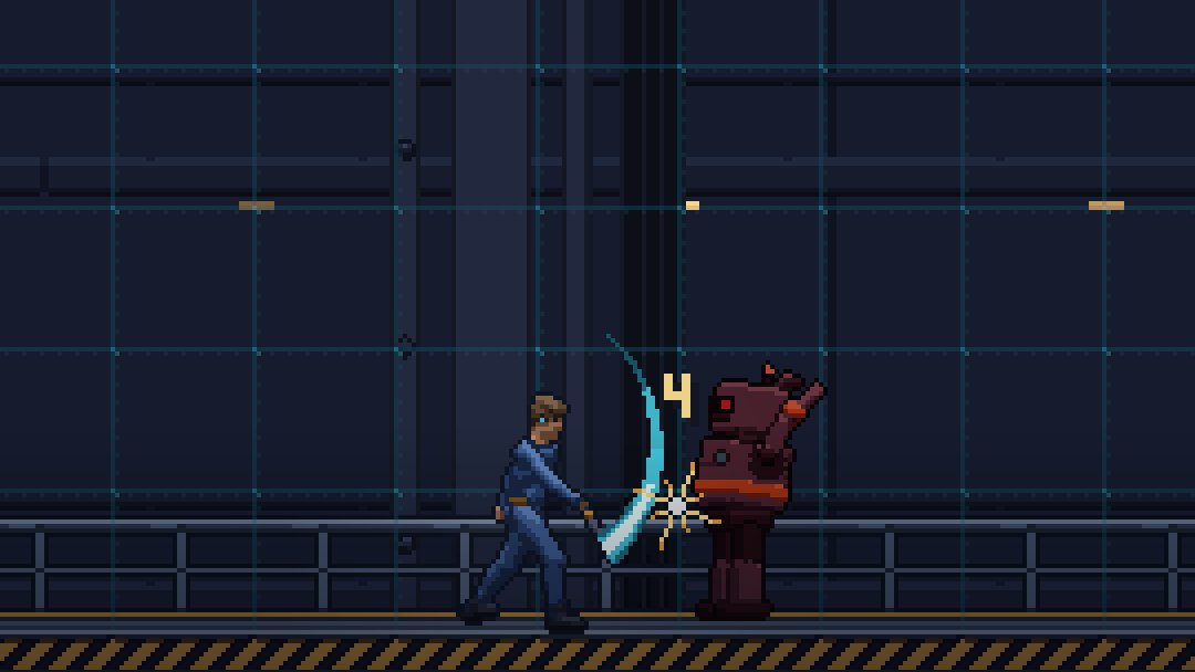 A pixel-art screenshot: a cadet in a blue uniform swings a glowing baton at a red training robot on a catwalk aboard a spaceship. Text: "The demo is out. The first level, free, in your browser or on Windows. Behind it: the biggest week of the build so far."