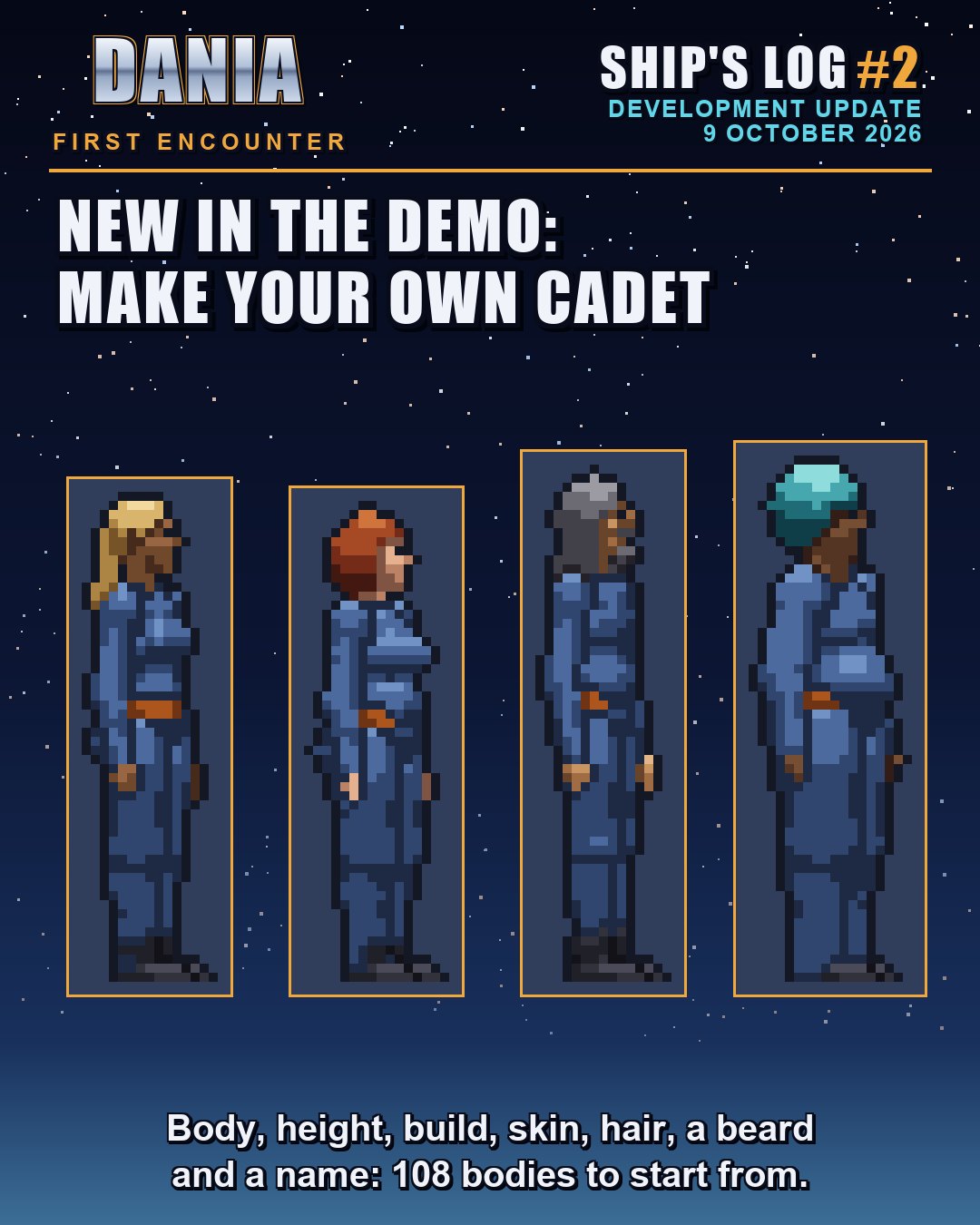 Four different pixel-art cadets in blue uniforms, side by side: one slim with a blond ponytail, one short with red hair, one with grey hair and a goatee, one tall and heavy with a teal afro.