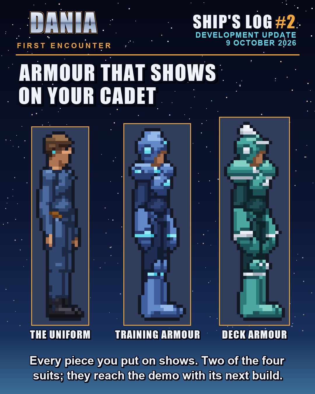 The same cadet three times: in a plain blue uniform, in blue training armour with a helmet, and in sea-green deck armour with a crested helmet.