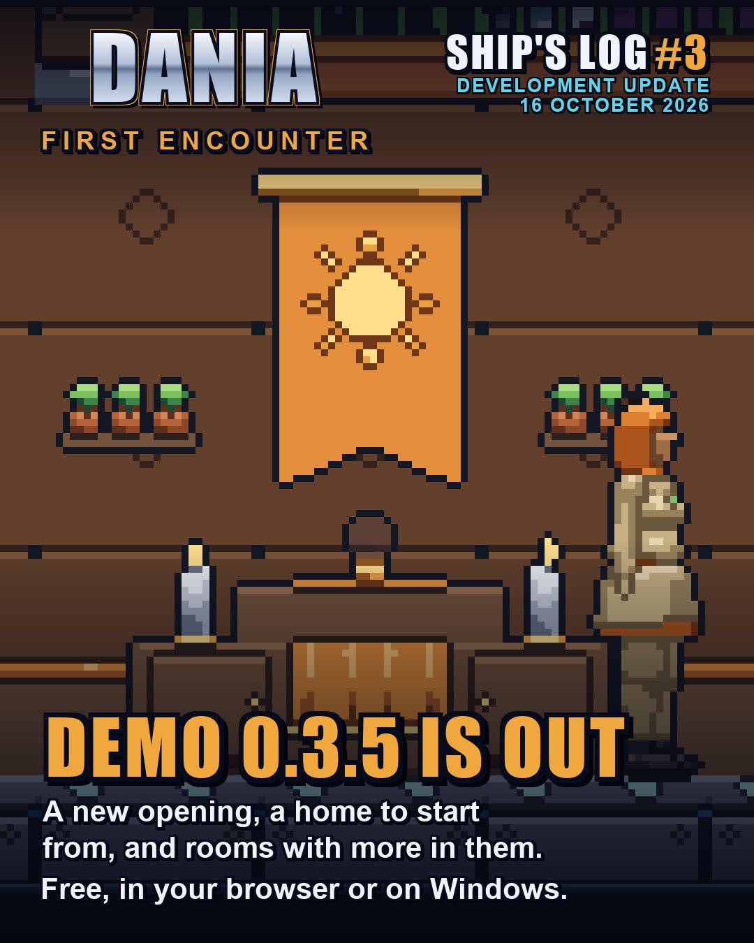 A pixel-art picture of a family home aboard the ship: a woman in a sand-coloured coat stands by a shrine with candles under an orange banner with a sun on it, potted plants on the wall. Text: "Demo 0.3.5 is out. A new opening, a home to start from, and rooms with more in them. Free, in your browser or on Windows."