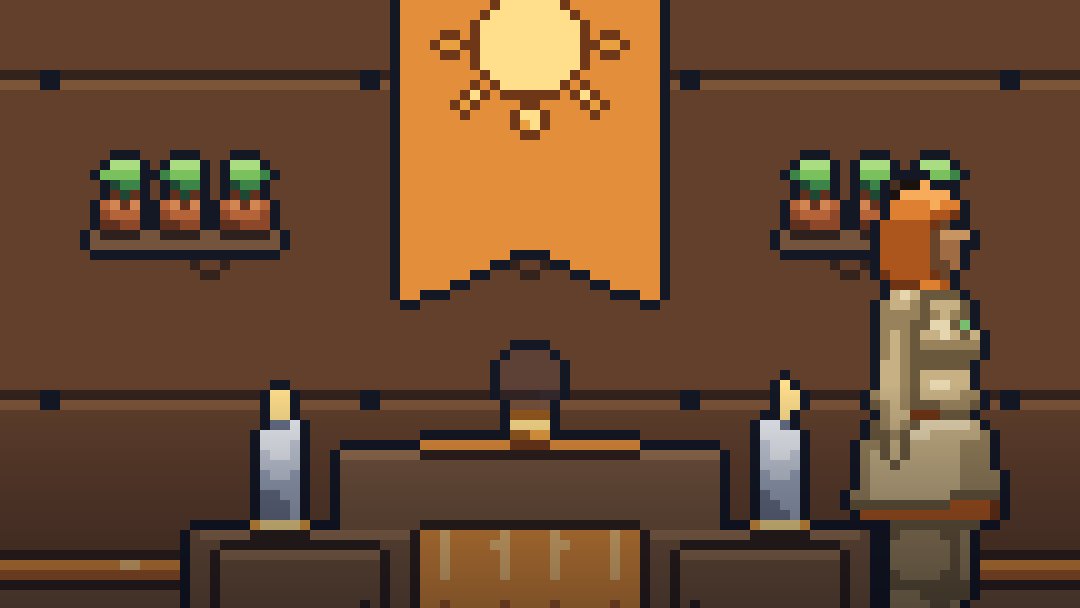 A pixel-art picture of a family home aboard the ship: a woman in a sand-coloured coat stands by a shrine with candles under an orange banner with a sun on it, potted plants on the wall. Text: "Demo 0.3.5 is out. A new opening, a home to start from, and rooms with more in them. Free, in your browser or on Windows."