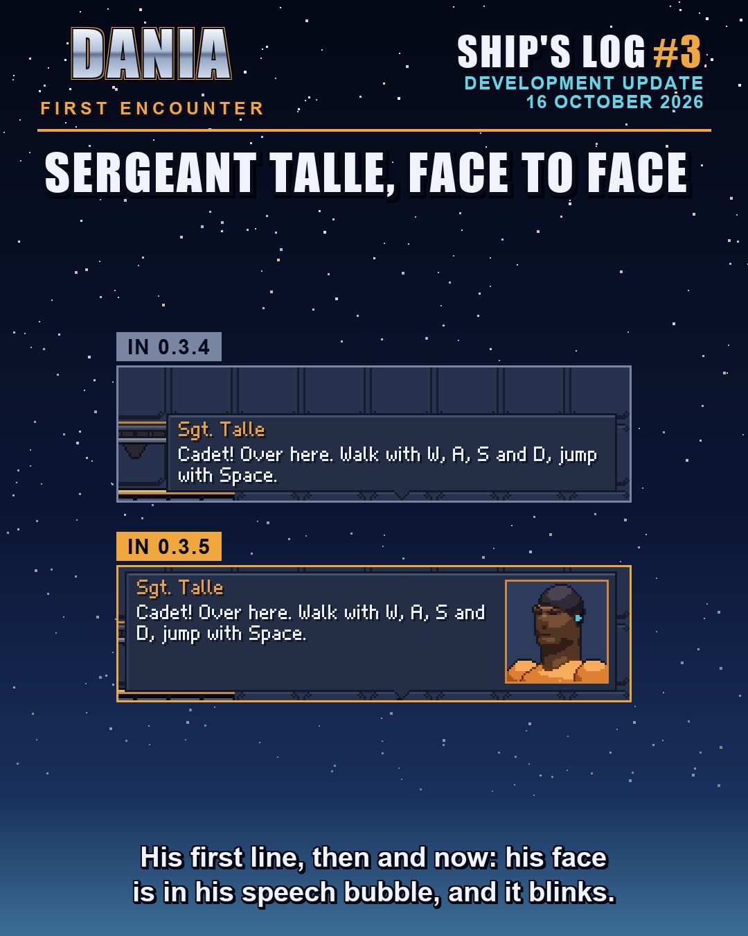 Two pixel-art speech bubbles with the same line from Sergeant Talle, "Cadet! Over here. Walk with W, A, S and D, jump with Space." In version 0.3.4 the bubble is text only; in 0.3.5 it shows his face: a dark-skinned man with close-cropped hair, an earpiece and an orange uniform.