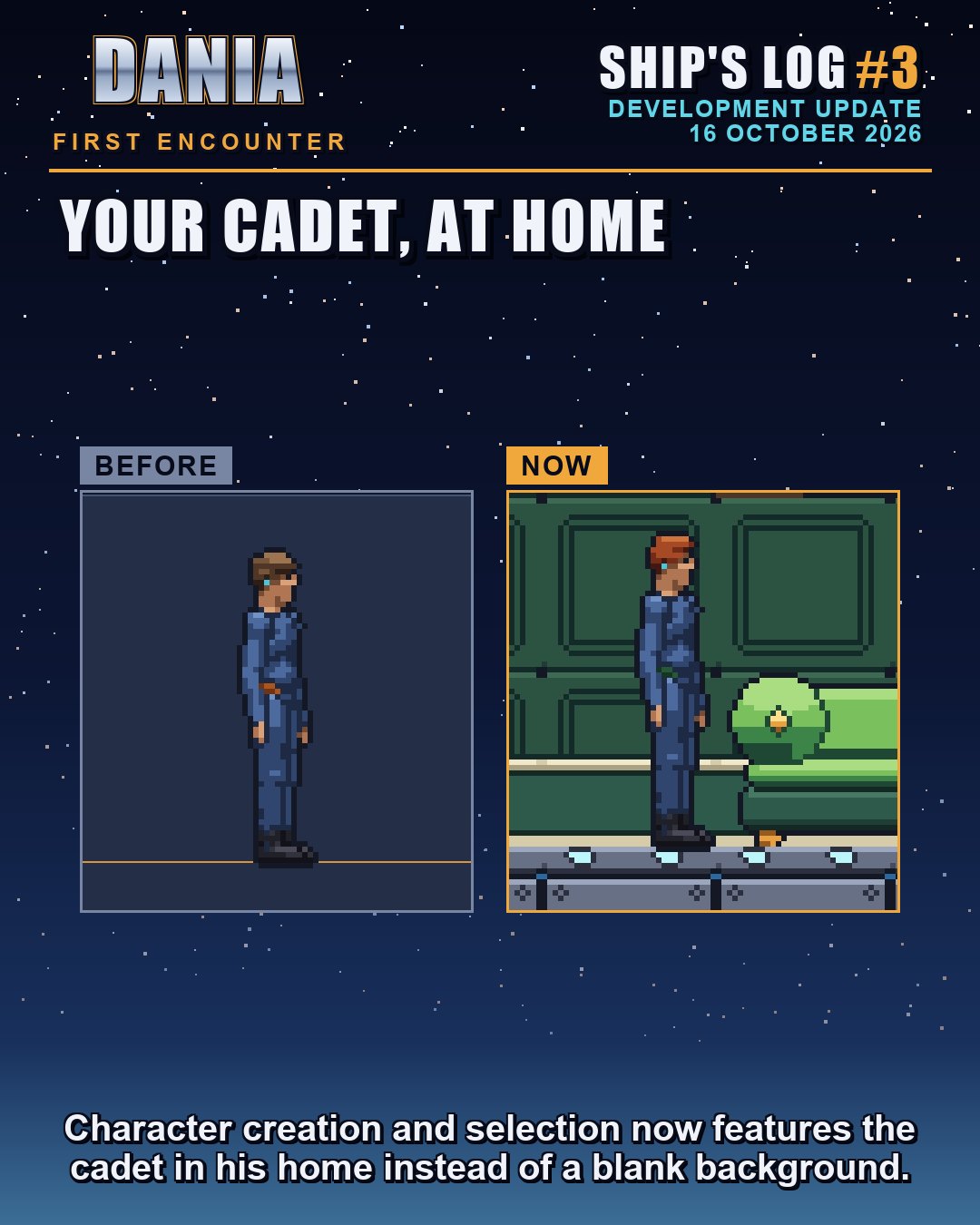 Two pixel-art pictures of a cadet in a blue uniform: before, standing alone on a plain dark panel; now, standing in a green-walled family home beside a green sofa. Text: "Character creation and selection now features the cadet in his home instead of a blank background."