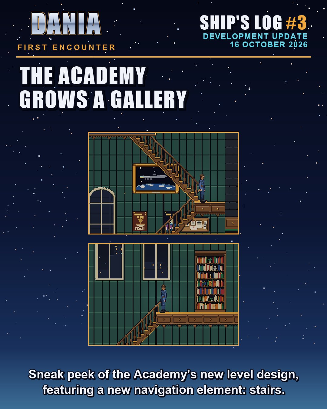 Two pixel-art pictures of a green-panelled academy hall: a wooden stair turning back on itself under a painting of a ship, and a wooden gallery with tall windows and a full bookcase, a cadet on each. Text: "Sneak peek of the Academy's new level design, featuring a new navigation element: stairs."