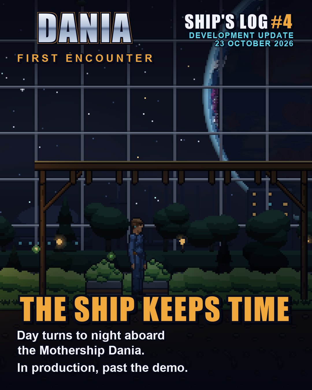 Pixel art: a cadet stands under a wooden pergola in a domed park at night, warm lanterns glowing among dark trees, the thin lit edge of a planet visible through the glass. Text: The ship keeps time.