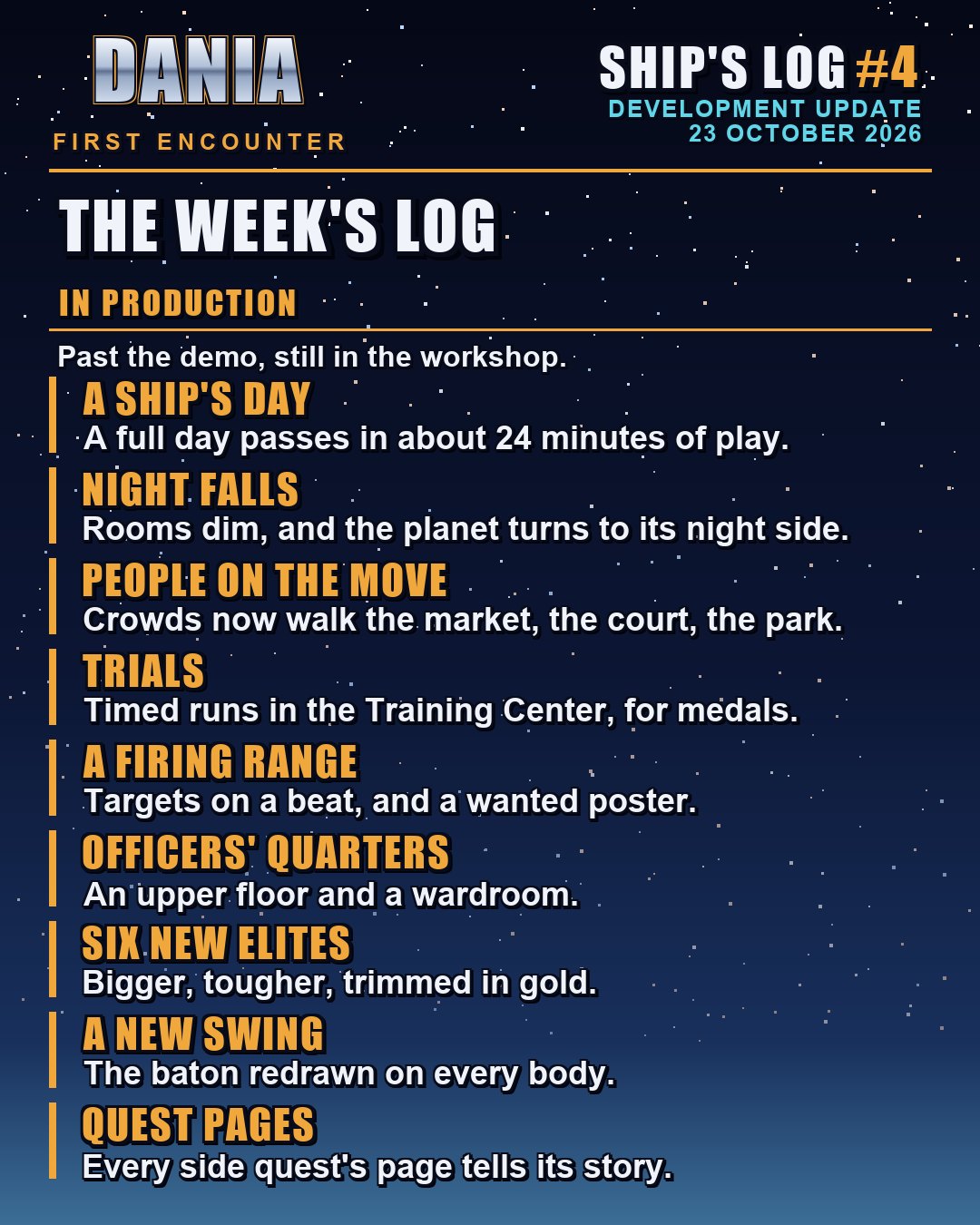 A card titled The week's log, listing nine things in production: a ship's day, night falls, people on the move, trials, a firing range, Officers' Quarters, six new elites, a new swing, quest pages.