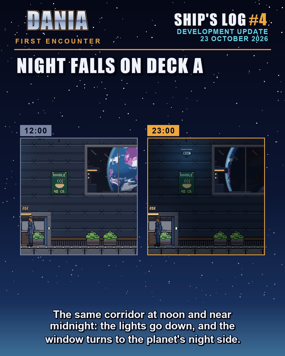 The same spaceship corridor shown twice, labelled 12:00 and 23:00: at noon the window shows a bright blue and purple planet; near midnight the corridor is dimmer and the window shows the planet's dark side with a thin lit crescent.