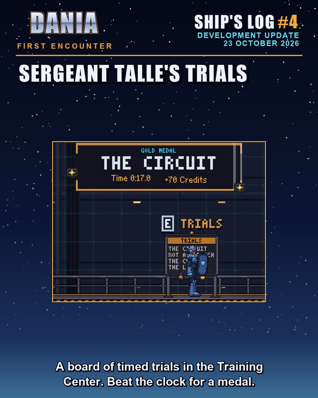 A training hall in the game: a banner reads Gold Medal, The Circuit, time 0:17.0, plus 70 Credits, above a cadet in armour standing by a board of trials.