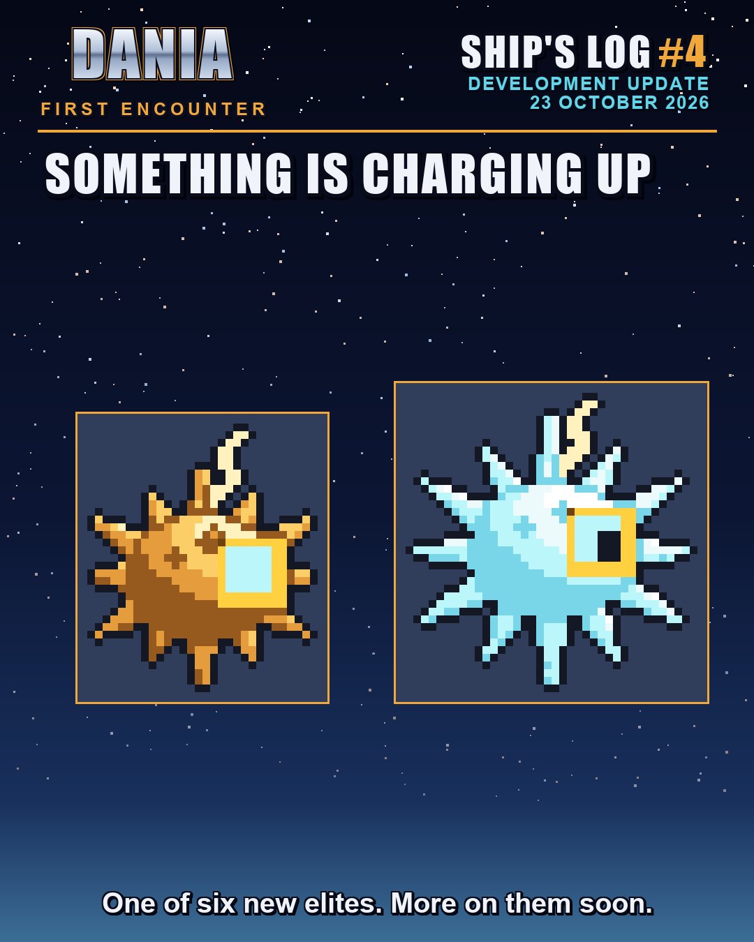 Two pixel-art pictures of a spiky, gold-tinted creature with one eye: at rest, and glowing pale blue as it charges up. Text: Something is charging up.
