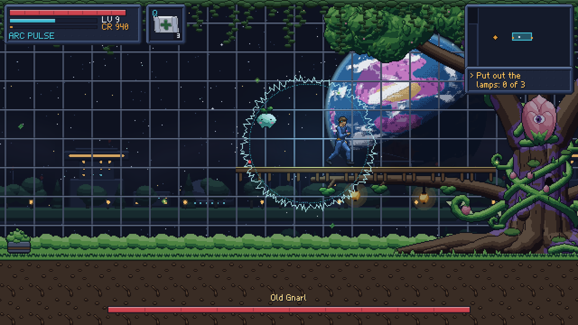 Old Gnarl under the Observatorium's dome, the Arc Pulse mid-jump, Dania behind