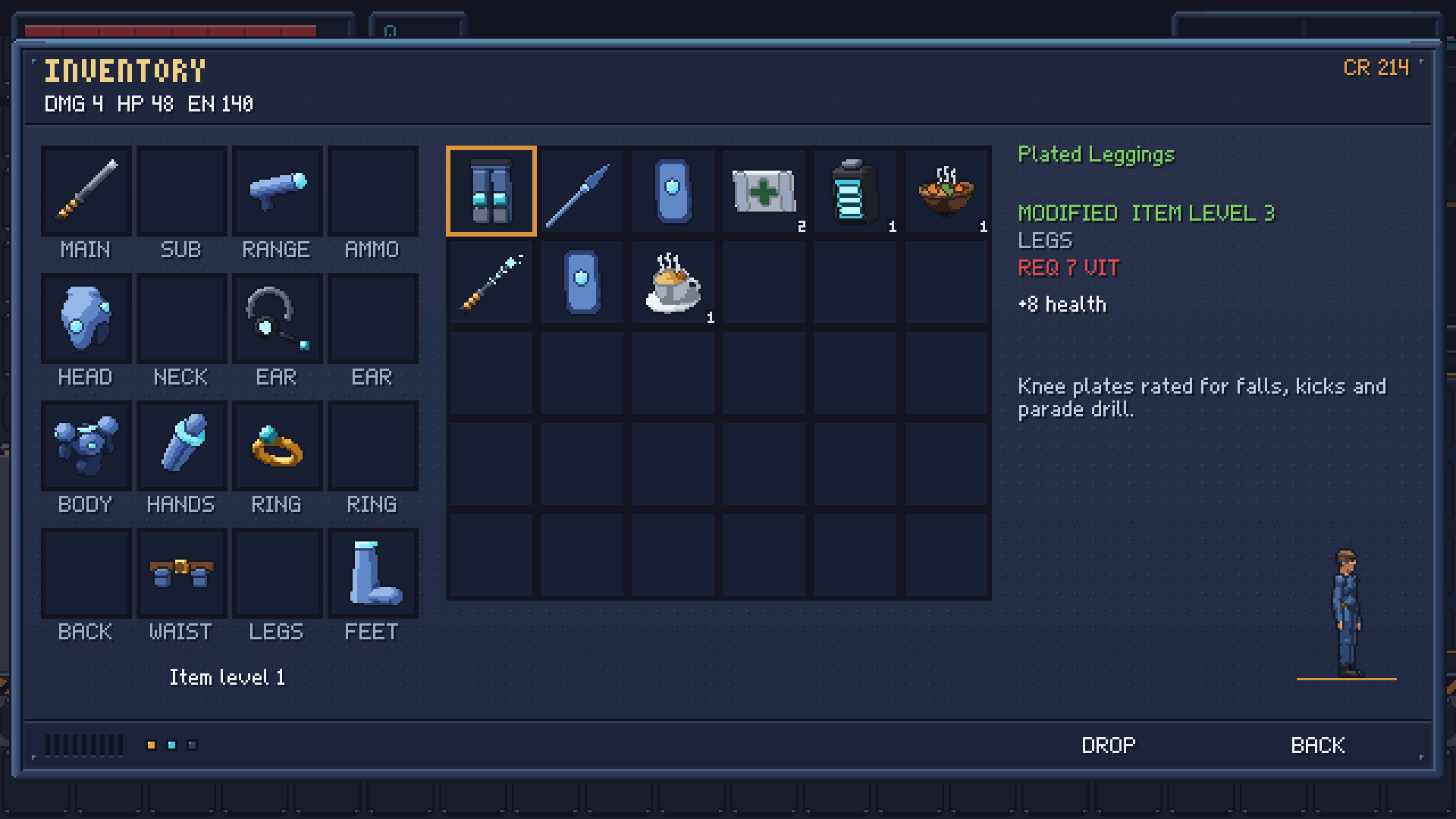 The inventory: sixteen slots and the bag
