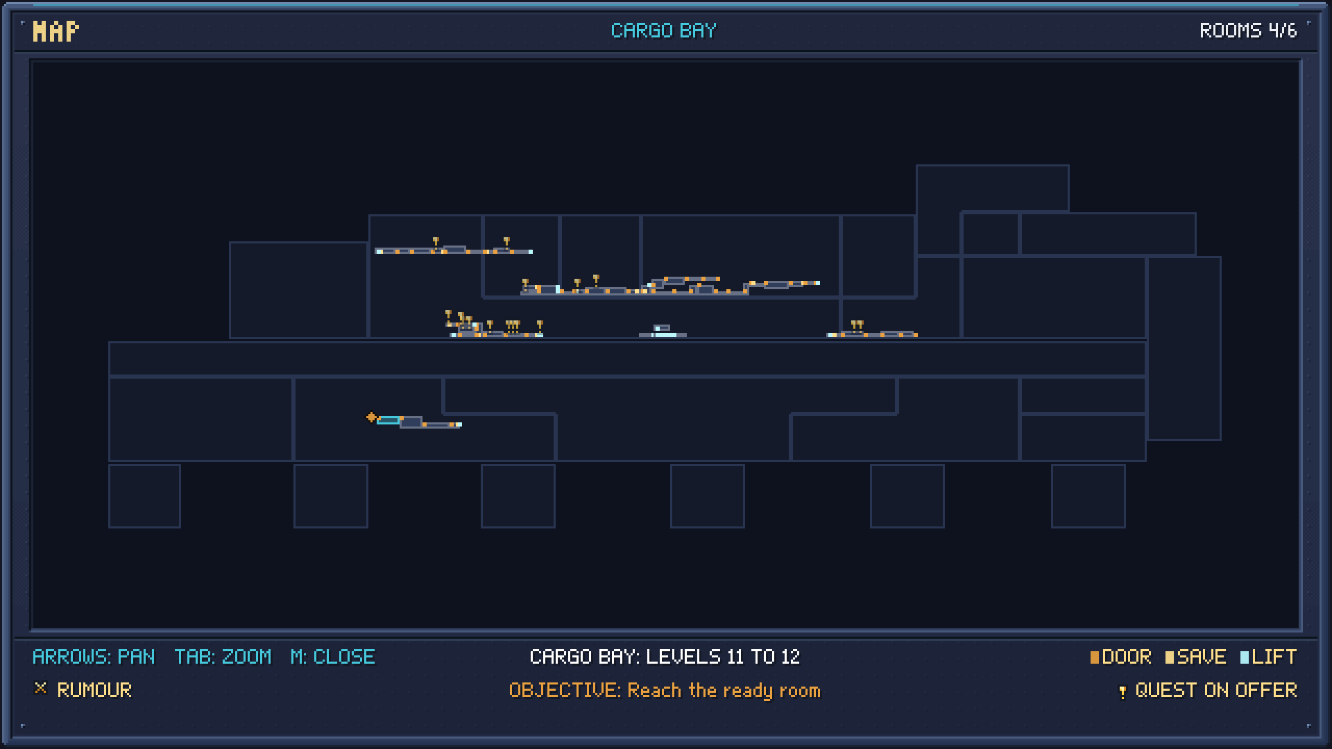 The ship's map, most of the way through Act I: every lit strip is a room explored, and the rest of the hull is still dark